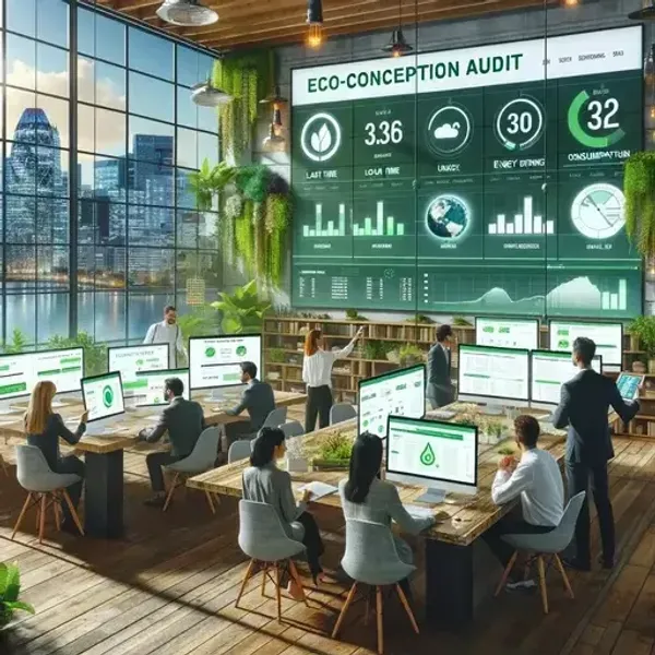 Un bureau végétalisé, remplis d’employé travaillant sur un audit d’éco-conception avec sur le mur, un grand tableau, remplis de graphiques représentant des données sur l’éco conception