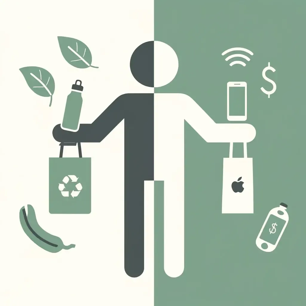 Personnage divisé en deux : à gauche, une gourde et des feuilles ; à droite, un téléphone et des dollars.