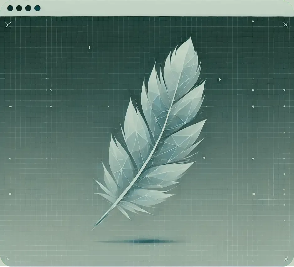 Illustration d’une plume verte posée sur un fond vert foncé quadrillé.