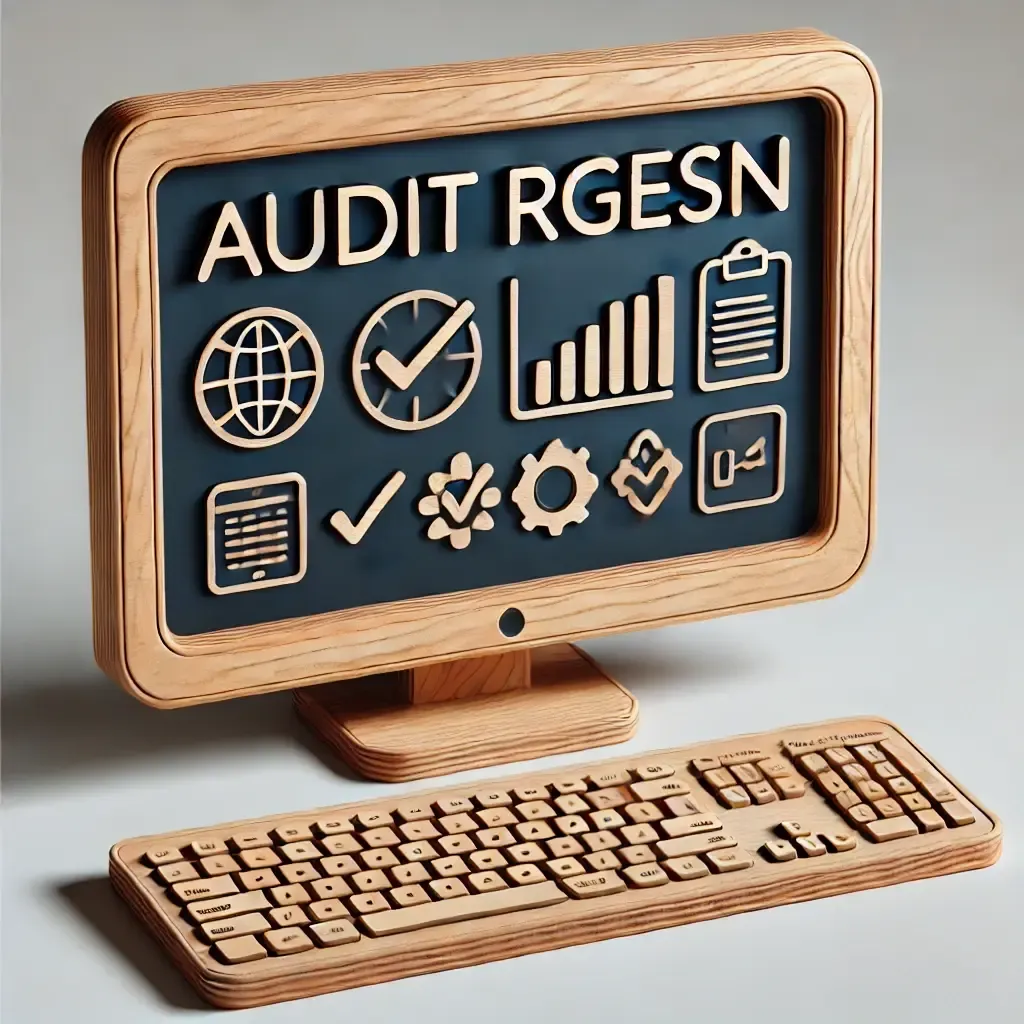 Un ordinateur en bois affichant des inscriptions liées à l’audit RGESN.