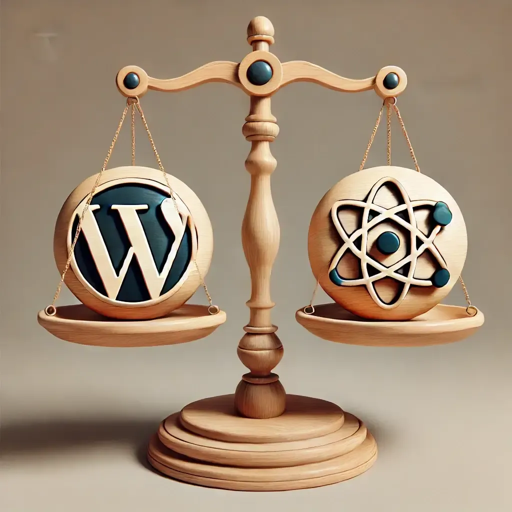 Une balance en bois pesant deux technologies : WordPress à gauche et React à droite.